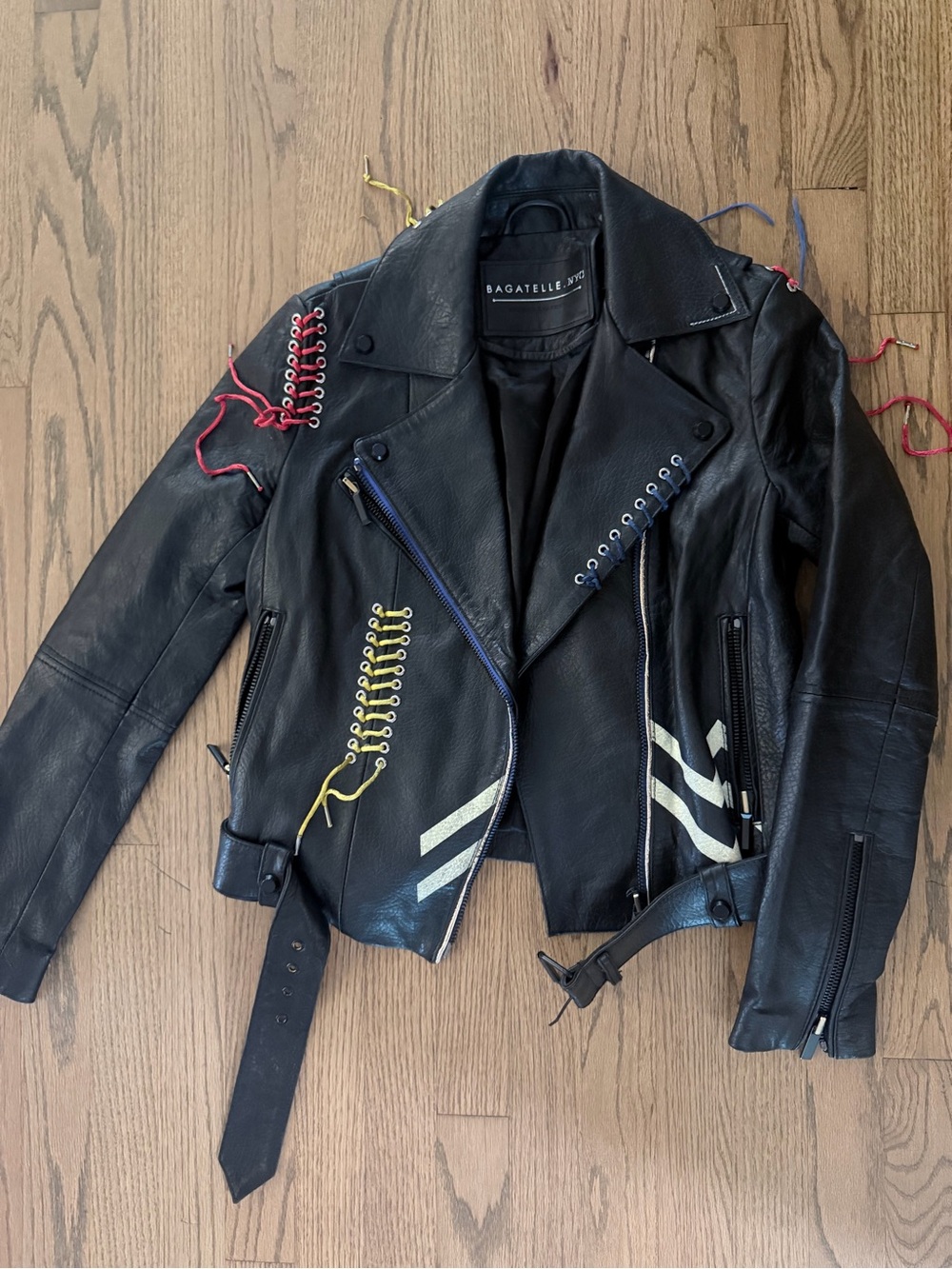 bagatelle Black Leather Bomber Jacket with Multicolor Lace Details